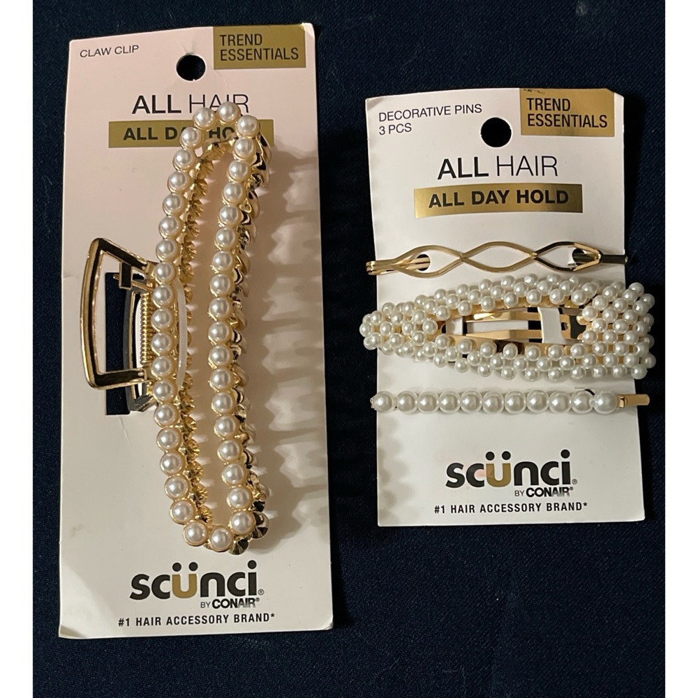 NEW Scunci Gold & Faux Pearl All Day Hold Claw Clip & Decorative Pins